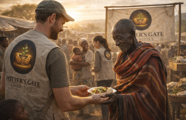 Potter’s Gate Charities volunteer serving an elderly man with food in a rural community, reflecting dignity, compassion, and humanitarian care.
