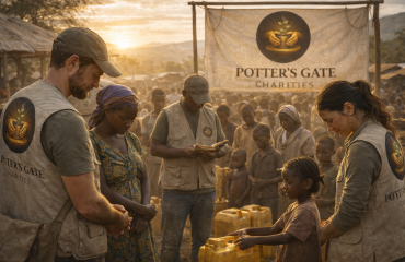 Potter’s Gate Charities aid workers and community members gathered in prayer during humanitarian outreach, reflecting faith, humility, and compassionate service.